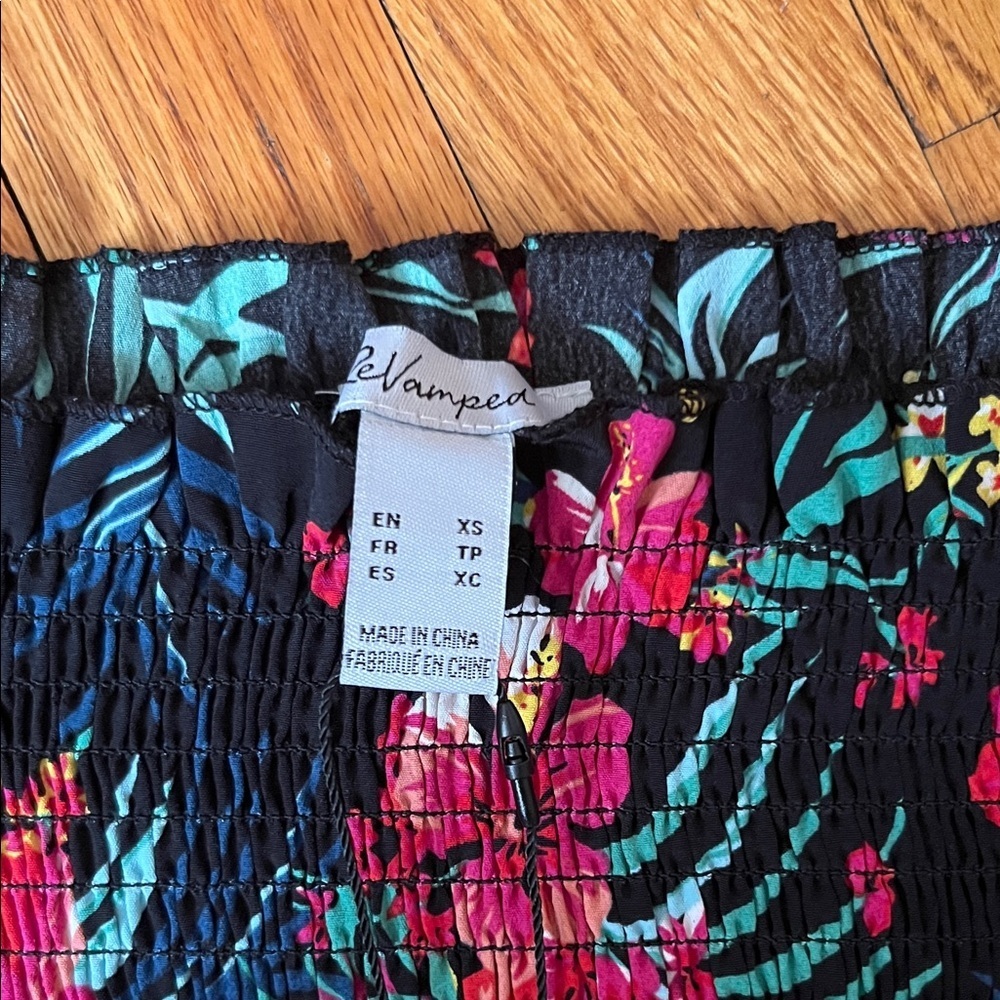 Revamped Floral Off-Shoulder Smocked Crop Top - Black, Pink, Teal - Picture 2 of 4